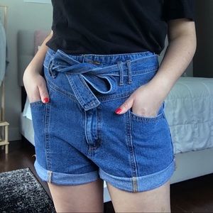 High Waisted Tie Denim Shorts